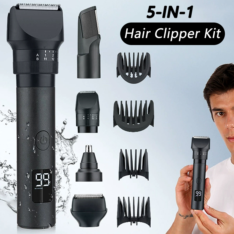 Mens Grooming Barber - เครื่องตัดผมไร้สาย 5-in-1 พร้อมหน้าจอ LED สำหรับผู้ชาย เครื่องเล็มหนวด/ขนจมูก