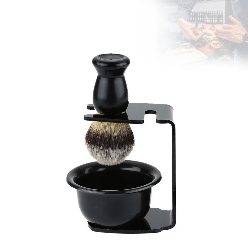 Mens Grooming Barber - ชุดแปรงโกนหนวดและถ้วยพร้อมขาตั้งอะคริลิคสีดำ สำหรับโกนหนวด ทำความสะอาดหนวดเครา ชุดอุปกรณ์ดูแลผิวหน้าสำหรับผู้ชาย 1 ชุด